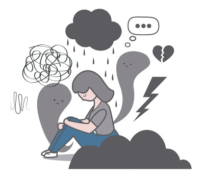 悲伤的女人坐在乌云下向量