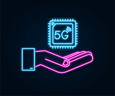 5G eSIM嵌入式SIM卡，带有双手霓虹灯图标符号概念。新芯片移动蜂窝通信技术。矢量插图。