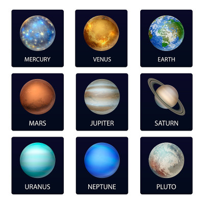 矢量3d现实空间行星卡，图标设置。太阳系的行星。星系，天文学，空间探索概念