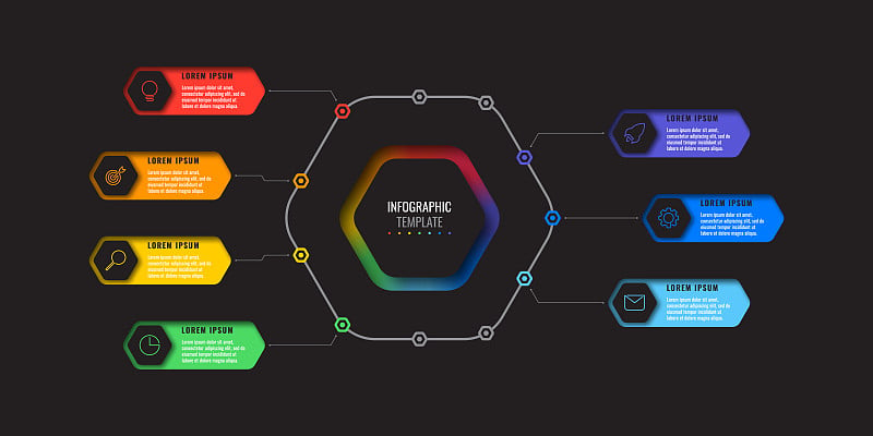 业务信息图模板与七个现实的六角形元素与细线图标在黑色背景。纸上有几何孔的现代图表。面向演示的矢量可视