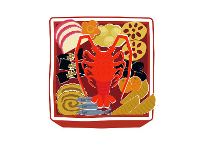 新年的材料。大锅菜插图。新年的菜肴。日本新年。