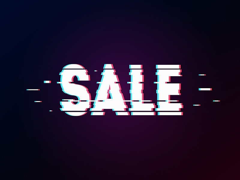 Glowing word “sale“ with glitch effect on dark gra