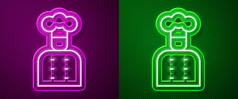 Glowing neon line Italian cook icon isolated on pu