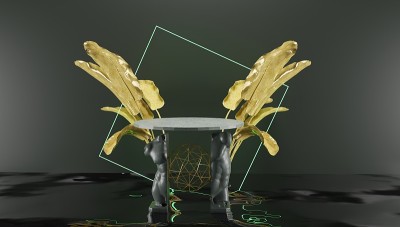 3 d渲染。深色和金色的产品展示平台。雕像横截面与植物在背景。