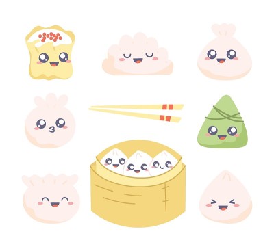 Dim sum -剪贴画集。可爱的饺子图画收藏。向量的卡通插图