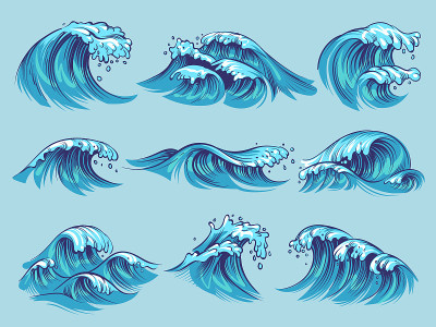 手绘海浪。素描大海潮汐蓝色海浪潮汐溅，手绘冲浪风暴波浪水涂鸦复古集