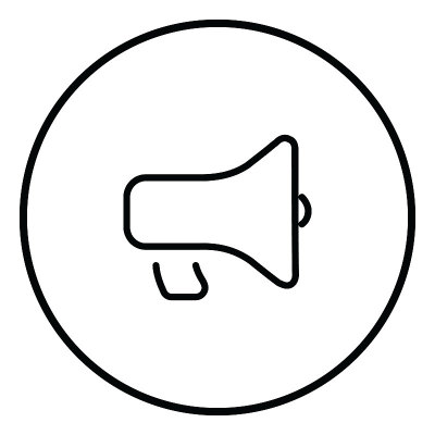 扩音器内圆线图标，注意声音，黑色轮廓线图标。
