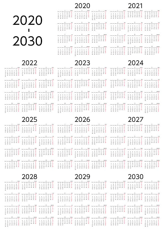 从2020-2030年周日开始的10年日历