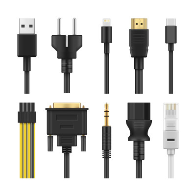 现实的计算机电缆集矢量插图通用USB连接器和显示端口