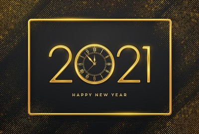 2021年新年快乐。黄金金属豪华数字2021和观看罗马数字和倒计时午夜在闪烁的背景。爆裂的背景与闪光