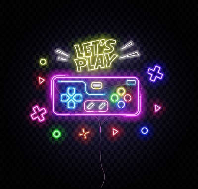 复古霓虹标志的Let’s Play主题，灯光横幅。