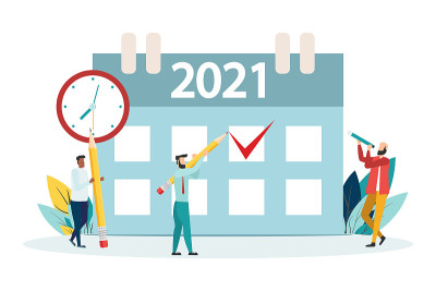 矢量插图。人类角色在平板电脑上组成在线时间表。2021年的计划。设计商业图形，计划每周的任务-向量。