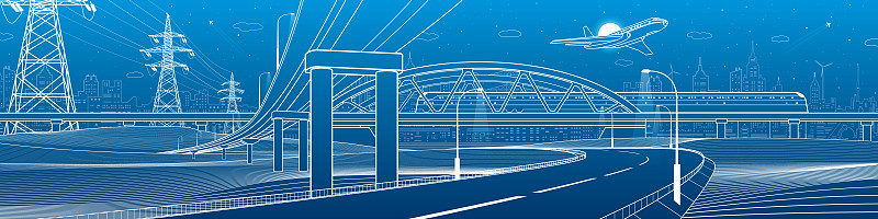 概述公路桥。汽车天桥。火车。飞机飞行。城市基础设施和交通说明。城市场景。矢量设计艺术。蓝色背景上的白