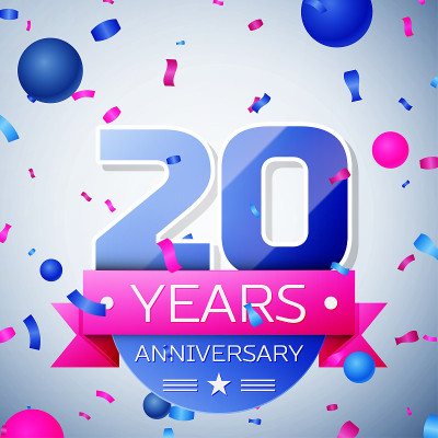 在灰色背景上庆祝20周年。周年丝带