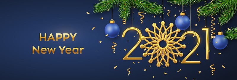 Happy New 2021 Year. Hanging Golden metallic numbe