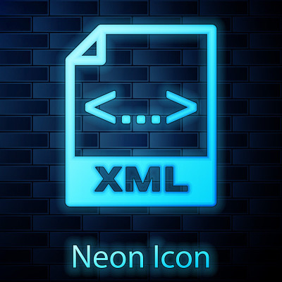 发光的霓虹XML文件文档图标。下载xml按钮图标隔离在砖墙背景。XML文件的象征。矢量图