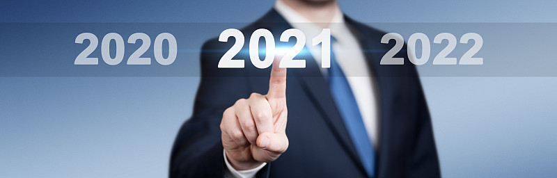 2021 -按开始按钮。新年的概念。3D插图