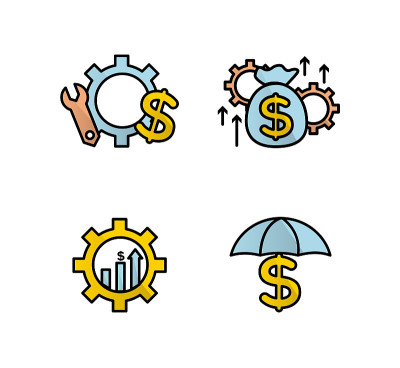 金融服务图标集。图标财富管理、保险、资产管理。图标钱袋与齿轮和箭头向上，向下，一把伞与一个美元的把手