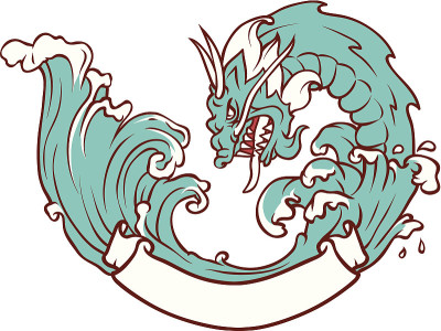 龙带着波浪和卷轴