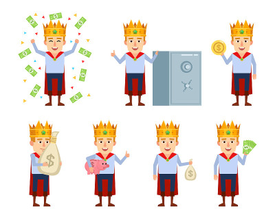 Set of young king characters posing with money in 