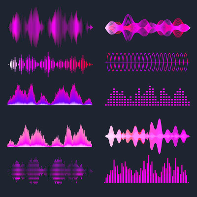 多彩的声波集合。模拟和数字音频信号。音乐均衡器。干扰录音。高频无线电波。矢量图