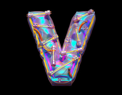 未来全息字体。紫外线和黄色霓虹灯。字母V
