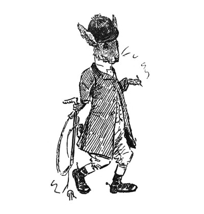 英国讽刺漫画卡通插图-人性化的兔子在长大衣和帽子与步行手杖-插图