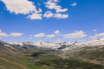 在蓝色的天空下，吉尔吉特巴尔蒂斯坦高地的雪山山峰令人惊叹的景色