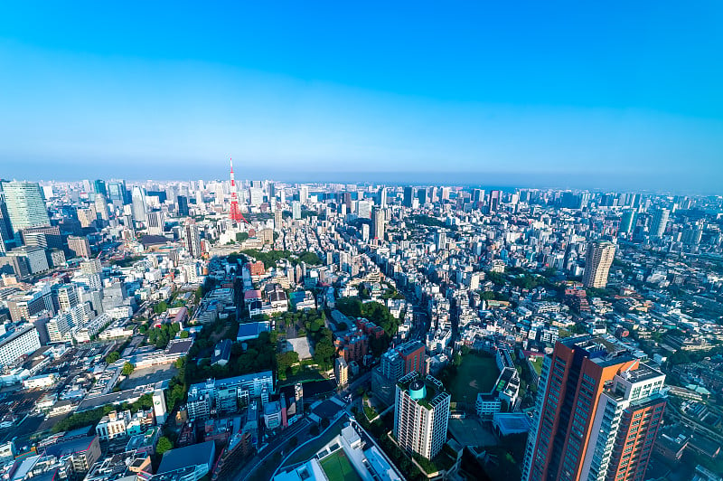 从东京港区六本木一座摩天大楼的观景台上看到的东京城市景观。