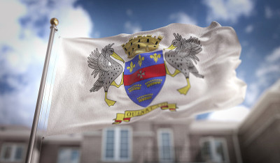 Saint Barthélemy Flag 3D渲染蓝天建筑背景