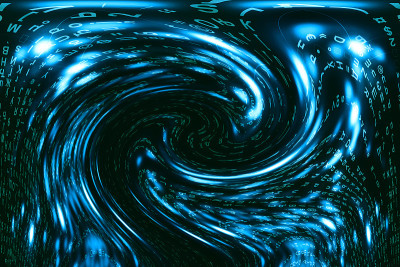 蓝绿色矩阵数字背景。扭曲的网络空间的概念。绿色人物掉入虫洞。入侵矩阵。虚拟现实设计。复杂的算法数据黑