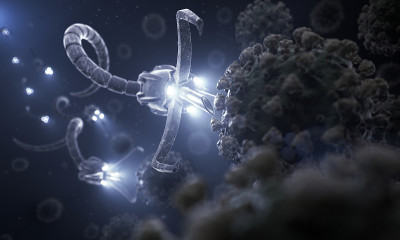 纳米机器人攻击冠状病毒的未来生物医学插图