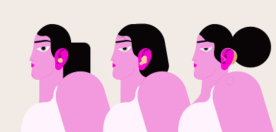 戴着助听器的女人。侧视图，一个人的侧面。