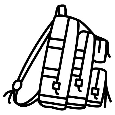 游客背包，学生背包，侧视图。旅行背包，有许多隔间。矢量图标，轮廓，孤立