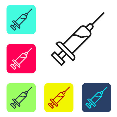 Black line Syringe with serum icon isolated on whi