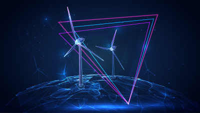 矢量3d风力发电站从三角形多边形在蓝色背景