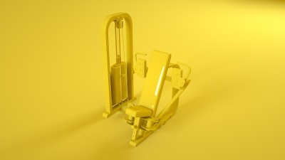 健身房蝴蝶机隔离在黄色背景上。三维演示