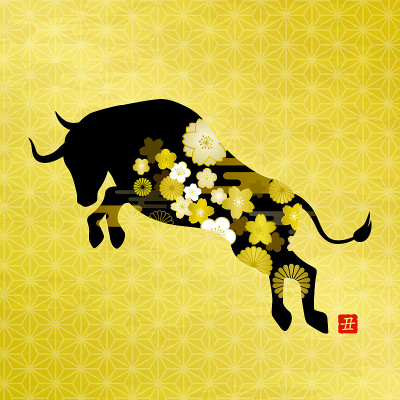 贺年卡插图素材，牛年，斗牛，金色背景