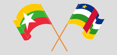 Crossed and waving flags of Myanmar and Central Af