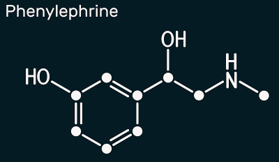 苯肾上腺素分子。它是鼻减充血剂，具有强大的血管收缩特性。深蓝色背景上的骨架化学式