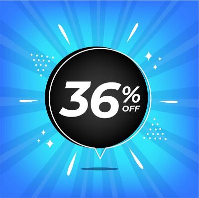 打36%。蓝色横幅，黑色气球百分之三十六的折扣，大甩卖。