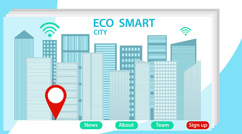 面向工程师的网络城市智能生态系统。登陆页与市中心的建筑和街道，地图大头针和文本的位置。摩天大楼中心地