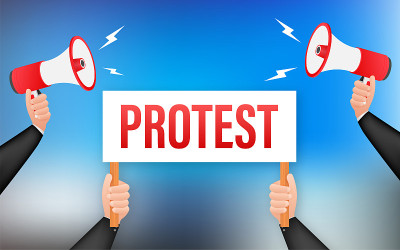 抗议者手举抗议标语。矢量插图。
