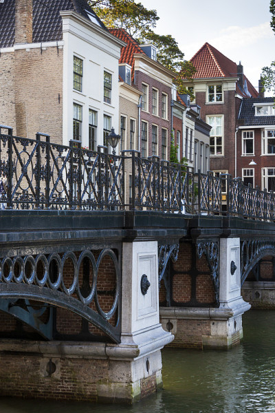 位于Dordrecht的铸铁桥Nieuwbrug，背景为历史建筑