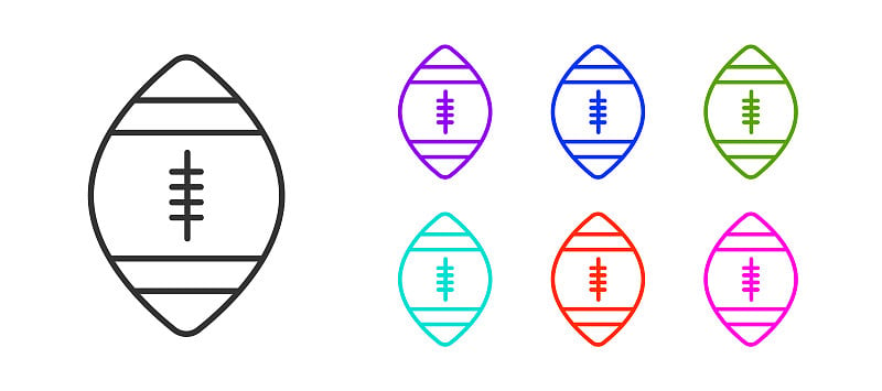 黑线美国足球图标孤立在白色背景。橄榄球图标。团队运动游戏的标志。设置图标丰富多彩。矢量图