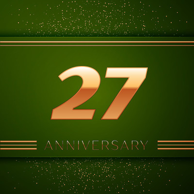 现实27年27周年庆祝标志。绿色背景上的金色数字和金色五彩纸屑。彩色矢量模板元素为您的生日派对