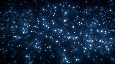 抽象明亮创造性的宇宙背景。跳跃到另一个星系。光速，运动中的氖光。美丽的烟花，五颜六色的爆炸，大爆炸。