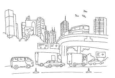 城市全景，道路，交通和摩天大楼。素描，手绘。手绘黑线矢量插图
