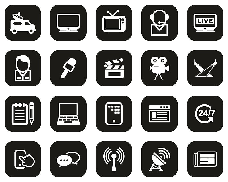 TV Station Icons White On Black Flat Design Set Bi