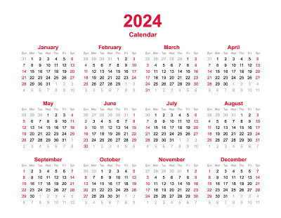 2024年日历。十二个月日历模板。